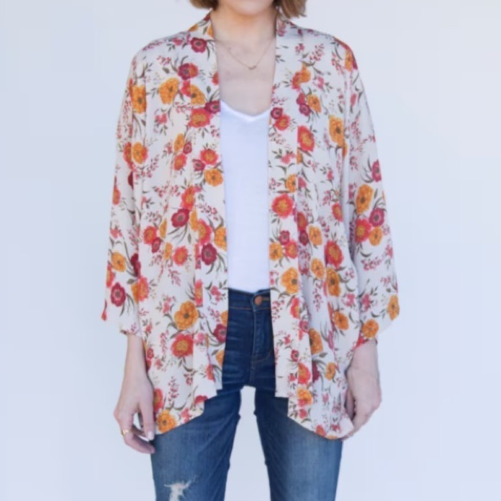 Alexis N Ryan Orange Yellow Boho Floral Open Front Kimono Size Medium
